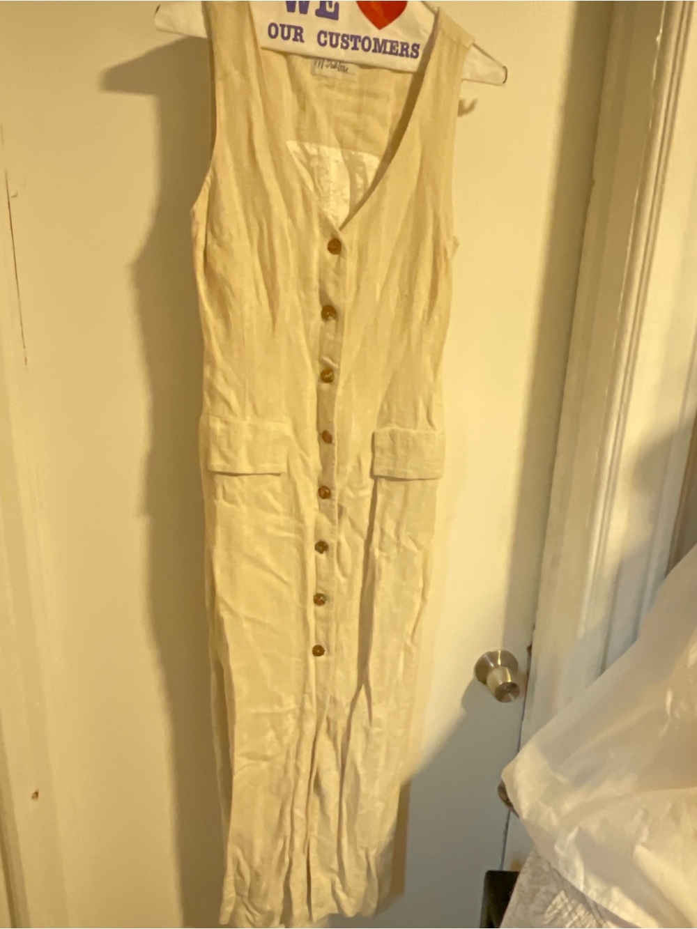 Sleeveless Cream Button-Front Maxi Dress with Patch Pockets